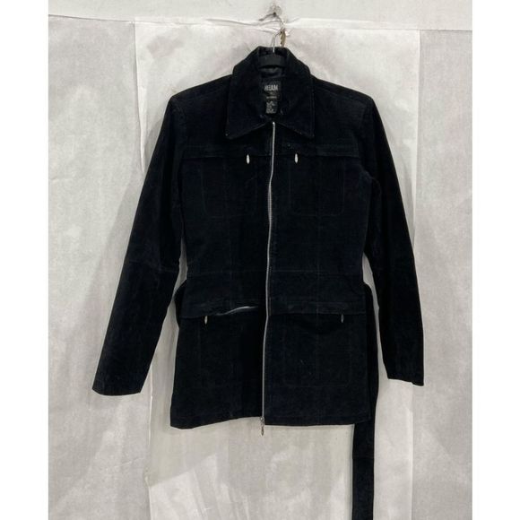 Helium London Black 100% Leather Jacket Collared Belted Full-Zip Coat, Sz Medium - Picture 2 of 13